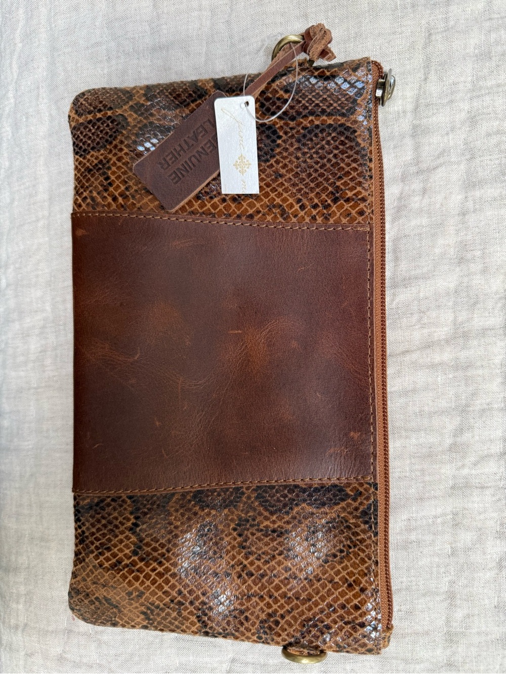 Jane Marie Genuine Leather Brown Snake-Print Zip Clutch or Crossbody Bag NWT